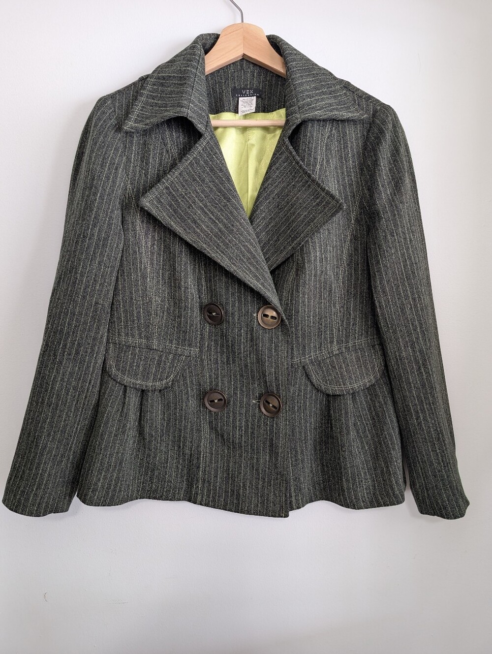 Vex Wool Pea coat Large Pinstripe Suit Jacket Green Grey Blazer Button Formal